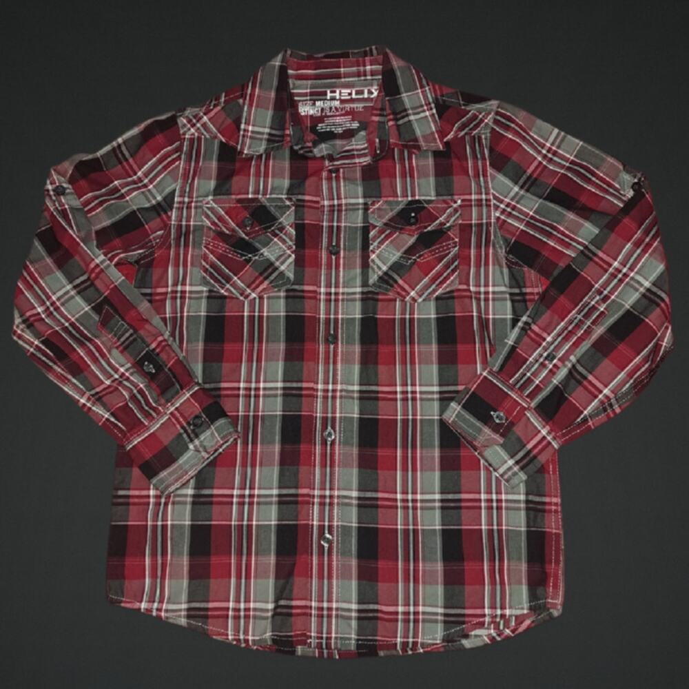 Boys HELIX Long Sleeve Red Black Gray Button Down Dress Shirt Size Medium